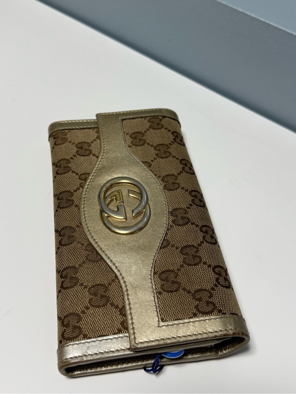 Gucci Brown Monogram Card Holder with Gold Accent